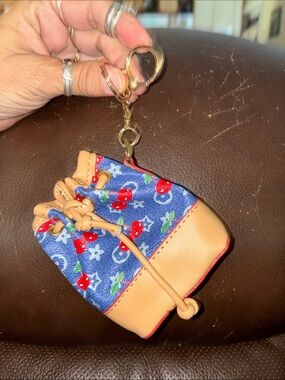 Leather-Trim Cherry Print Drawstring Keychain Bag Charm- poop bag